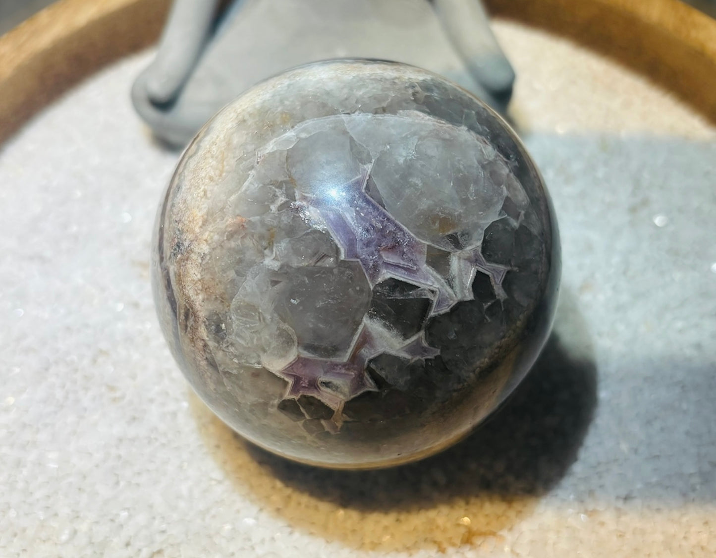 B- chevron Amethyst and Quartz sphere 430g