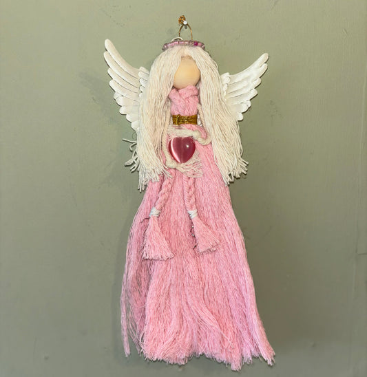 Handmade pink hanging angel with pink cats eye